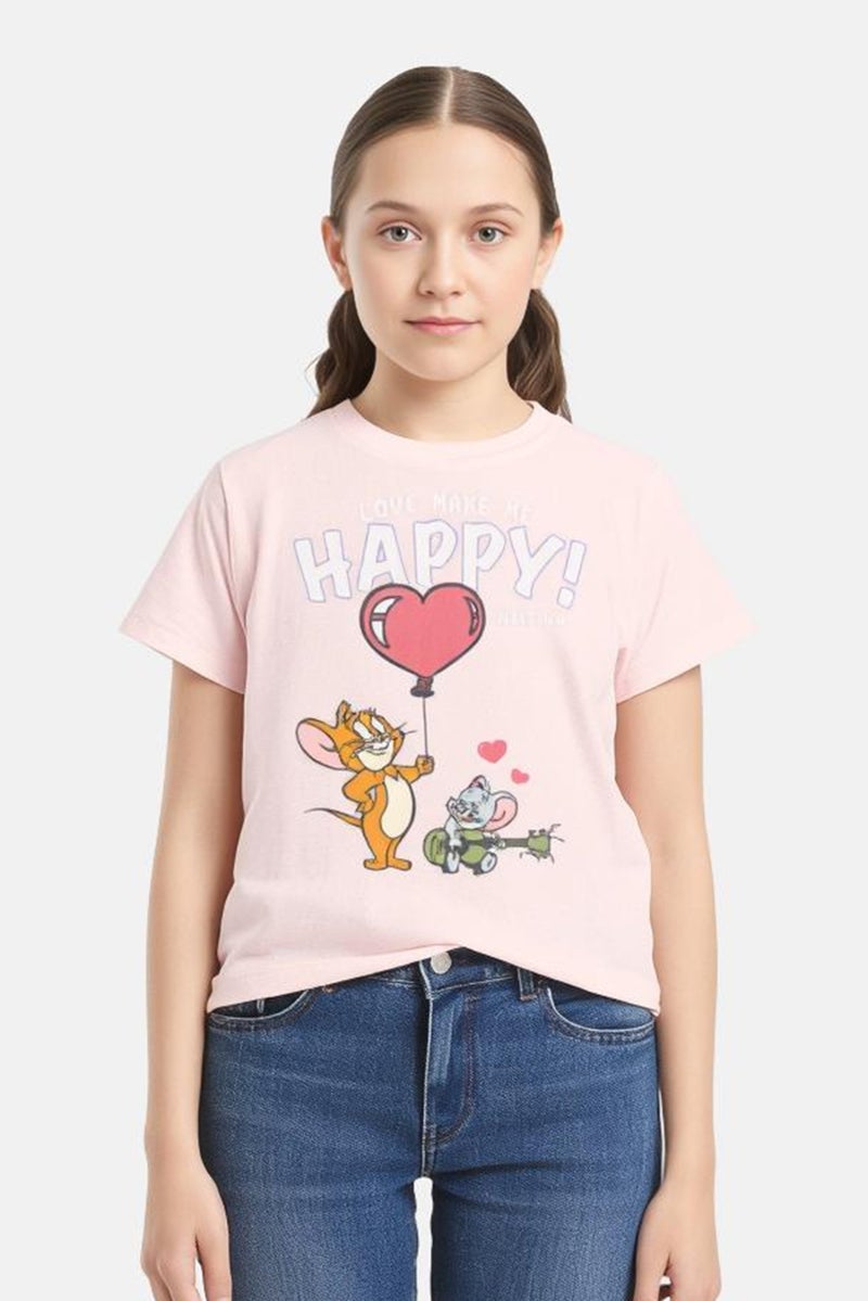 Tom And Jerry Kids Girl Crew Neck Short Sleeve Graphic Print T-Shirt, Light Pink - Image 1