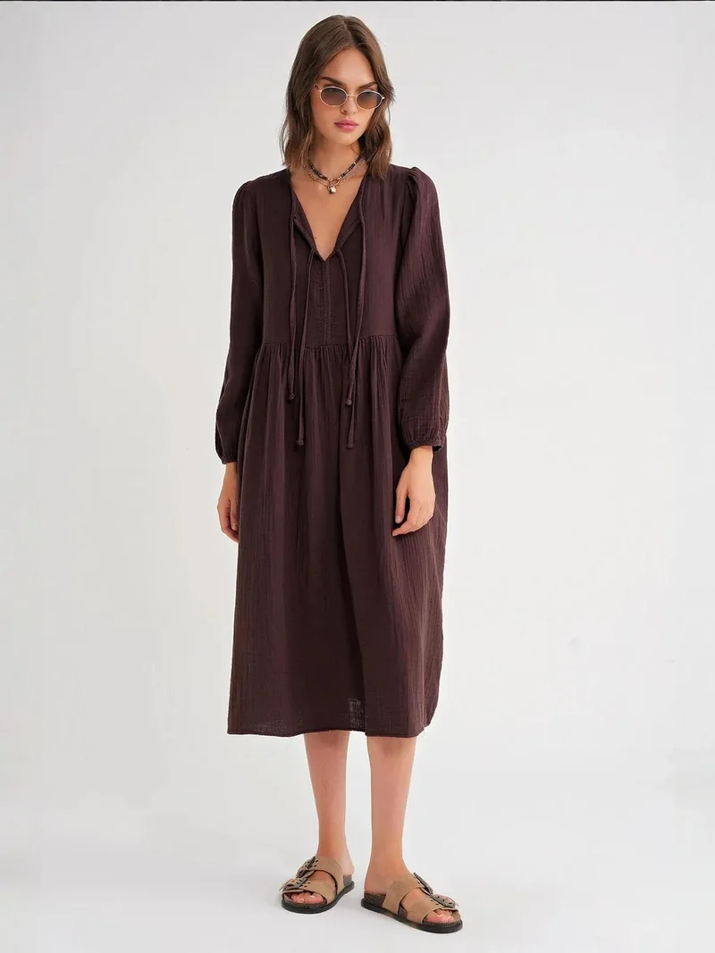 MixRay Coffee Brown Mixray V-Neck Tie Closure Midi Dress for Women | Best Price UAE