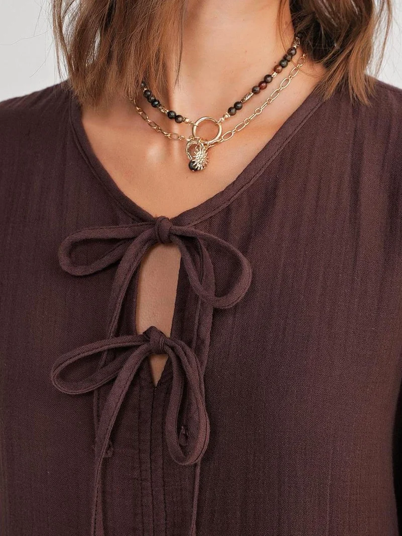 MixRay Coffee Brown Mixray V-Neck Tie Closure Midi Dress for Women | Best Price UAE