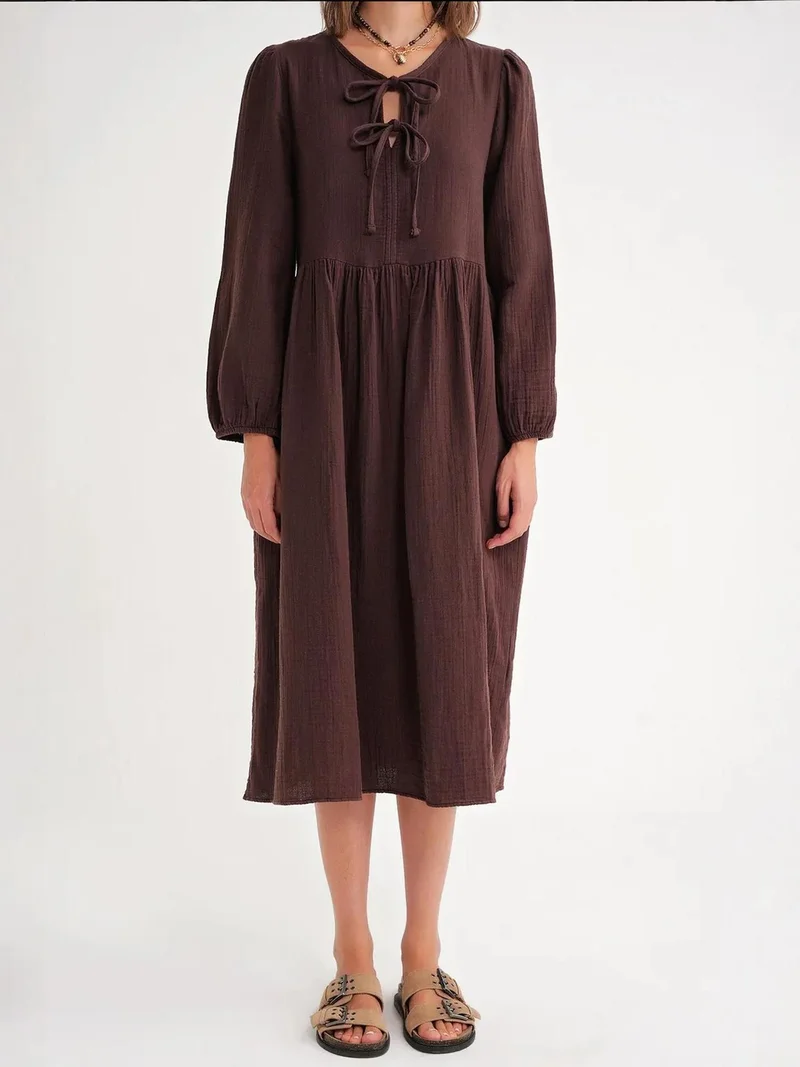 MixRay Coffee Brown Mixray V-Neck Tie Closure Midi Dress for Women | Best Price UAE
