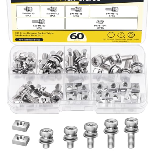 Mardatt 60Pcs Stainless Steel Battery Bolts and Nuts M6 x 1012161820mm Motorcycle Battery Terminal Nuts and Bolt Kit Motorcycle Battery Screw and Square Nuts for ATV Bike Scooter Battery - Image 1