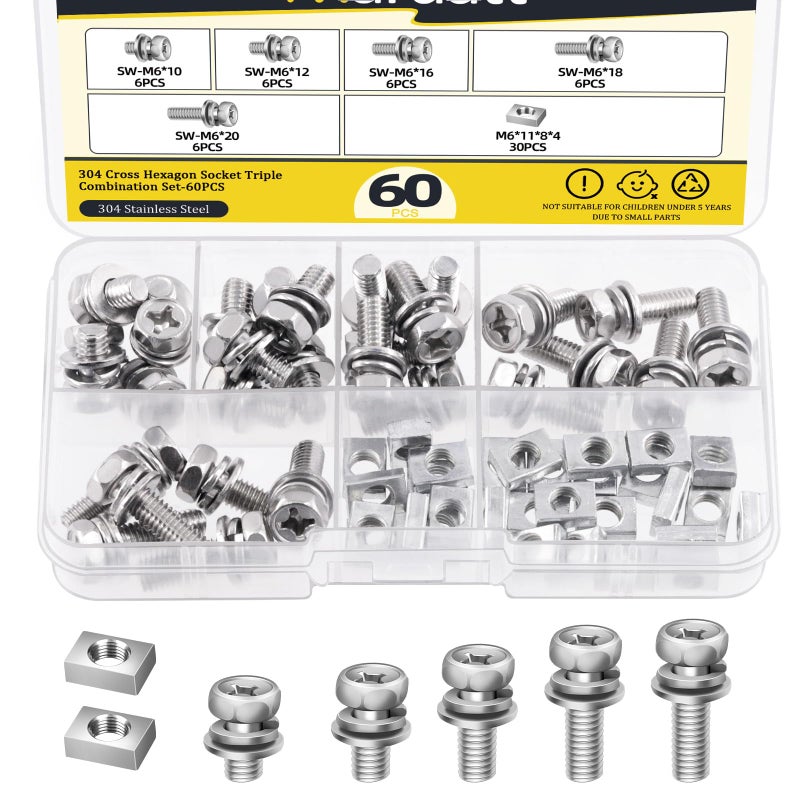 Mardatt 60Pcs Stainless Steel Battery Bolts and Nuts M6 x 1012161820mm Motorcycle Battery Terminal Nuts and Bolt Kit Motorcycle Battery Screw and Square Nuts for ATV Bike Scooter Battery - Image 2