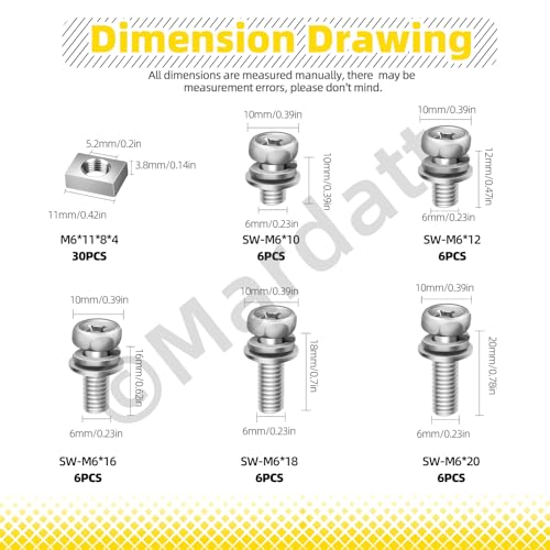 Mardatt 60Pcs Stainless Steel Battery Bolts and Nuts M6 x 1012161820mm Motorcycle Battery Terminal Nuts and Bolt Kit Motorcycle Battery Screw and Square Nuts for ATV Bike Scooter Battery - Image 3