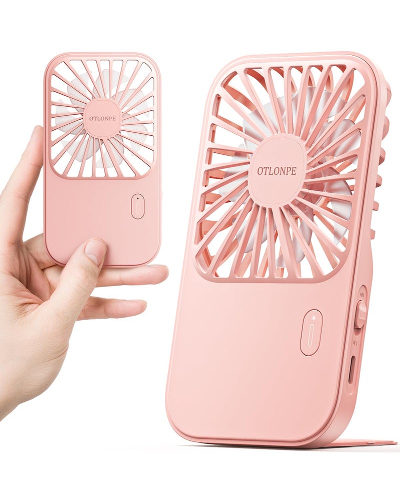 Otlonpe Handheld Mini Fan Portable Personal Rechargeable Small Handheld Fan Light Slim 3 Speeds Foldable Stand Lanyard for Kids Girls Women Travel Indoor Outdoor Hand Held Desk Use Pink