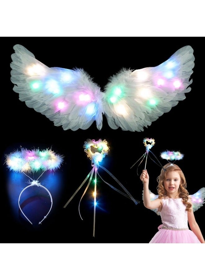 CCOVERY LED Light Up Princess Costume Kids Feather Princess Wings and Halo Headband Fairy Magic Wand Carnival Cosplay Party Costume White Princess Outfits Fancy Dress Up for Girls - Image 1