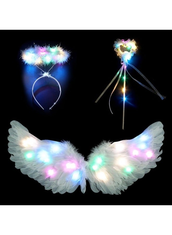 CCOVERY LED Light Up Princess Costume Kids Feather Princess Wings and Halo Headband Fairy Magic Wand Carnival Cosplay Party Costume White Princess Outfits Fancy Dress Up for Girls - Image 2