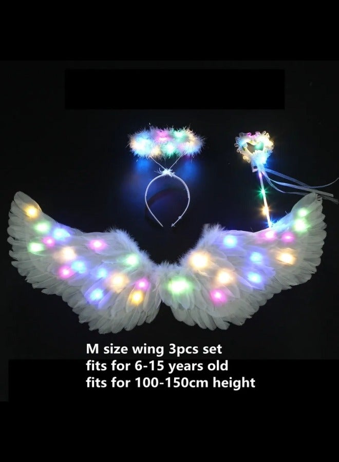 CCOVERY LED Light Up Princess Costume Kids Feather Princess Wings and Halo Headband Fairy Magic Wand Carnival Cosplay Party Costume White Princess Outfits Fancy Dress Up for Girls - Image 5