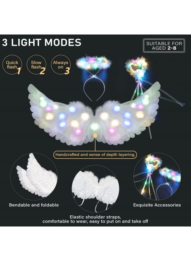 CCOVERY LED Light Up Princess Costume Kids Feather Princess Wings and Halo Headband Fairy Magic Wand Carnival Cosplay Party Costume White Princess Outfits Fancy Dress Up for Girls - Image 3