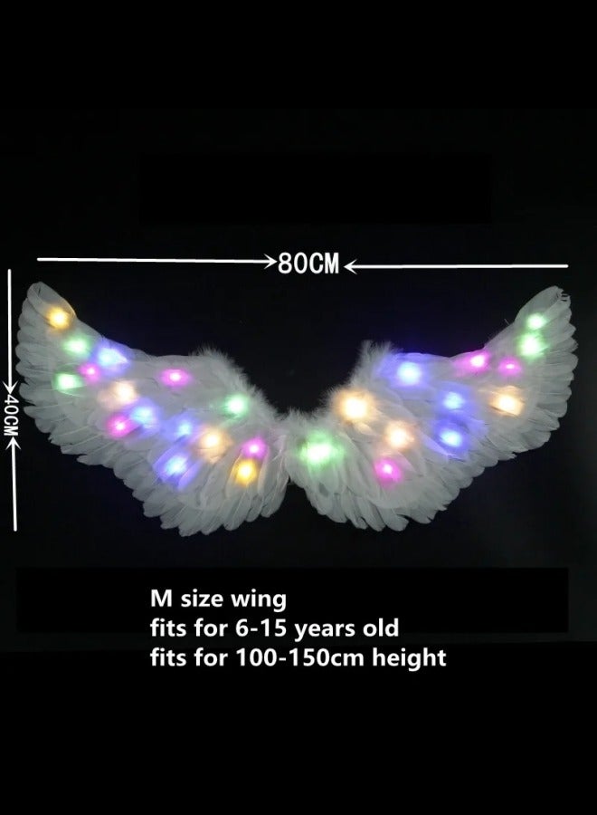 CCOVERY LED Light Up Princess Costume Kids Feather Princess Wings and Halo Headband Fairy Magic Wand Carnival Cosplay Party Costume White Princess Outfits Fancy Dress Up for Girls - Image 4