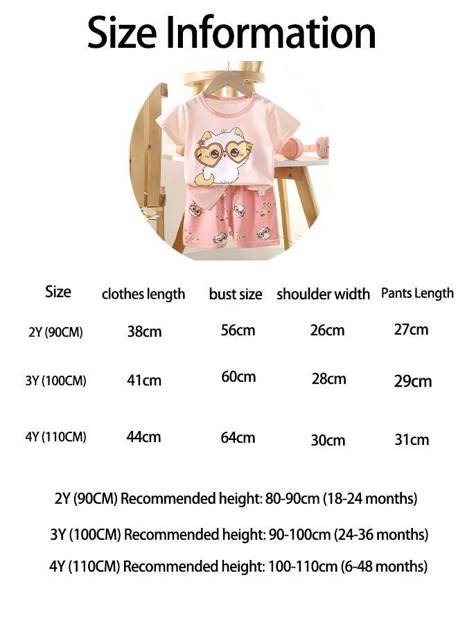 Girls Summer Short sleeve T-shirt two-piece set,Cartoon kitten Printed Short Sleeve and Shorts,Two Piece set,Girl T-Shirt Set - Image 2
