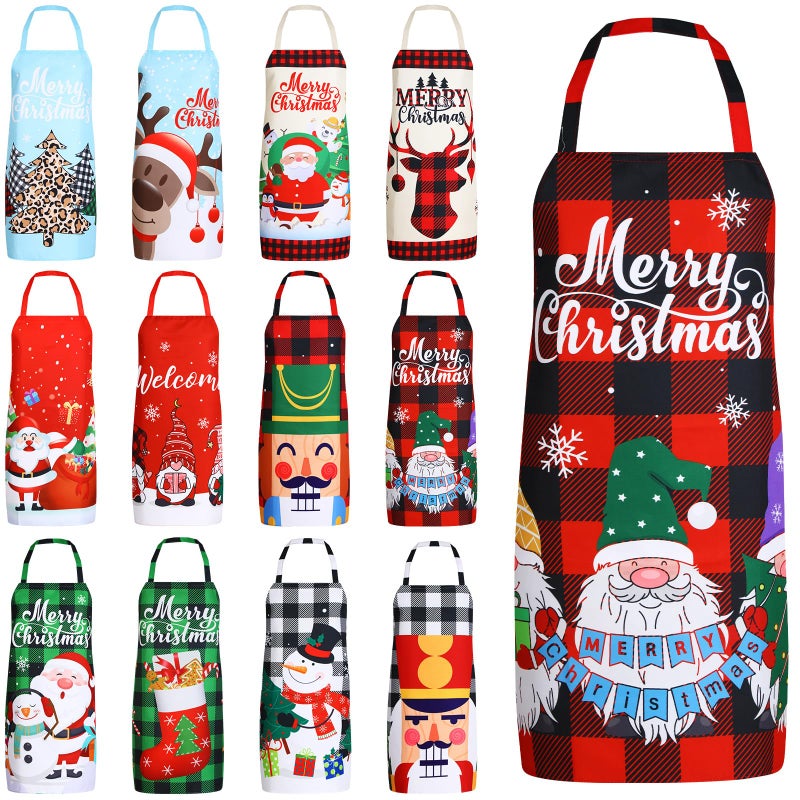 Suhine 12 Pack Christmas Aprons Bulk Adjustable Red Green White Black Plaid Apron Funny Gnome Santa Reindeer Merry Xmas Chef Apron for Women Kitchen Cooking Baking Holiday Party Supplies Snowman