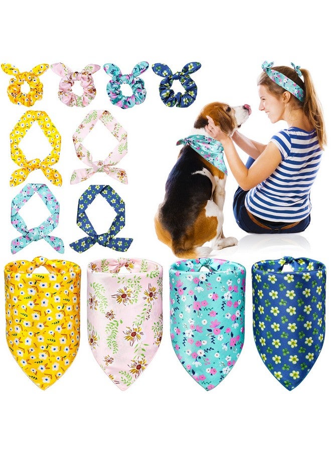 هانايف مجموعة Hanaive من 12 قطعة من وشاح الكلب وربطة الشعر المطابقة، تتضمن 4 مرايل وشاح الزهور و4 ربطات شعر صيفية على شكل فيونكة و4 منديل للرقبة، ملابس متطابقة للكلاب ومالكيها، هدية لمالكي الجراء الصغيرة - Image 1