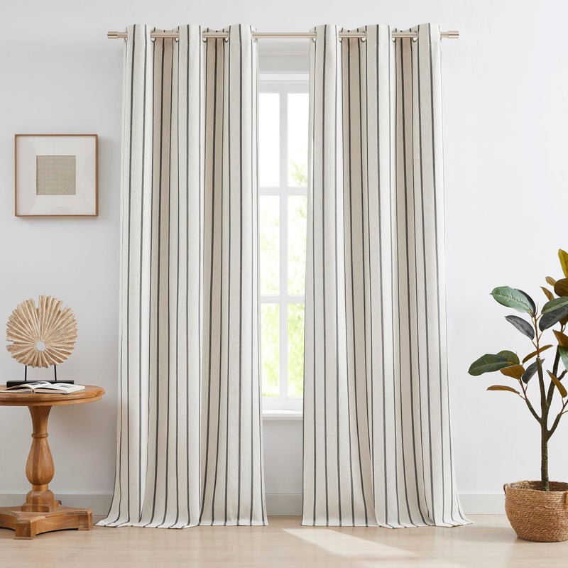 Bapawfish Black Striped Full Blackout Bedroom Curtains 84 Inches Length,Woven Stripes on Beige Linen Blended Drapes with Liner,Energy Efficient Modern Window Treatment,Grommet,Black/Beige,40"Wx84"Lx2 - Image 1