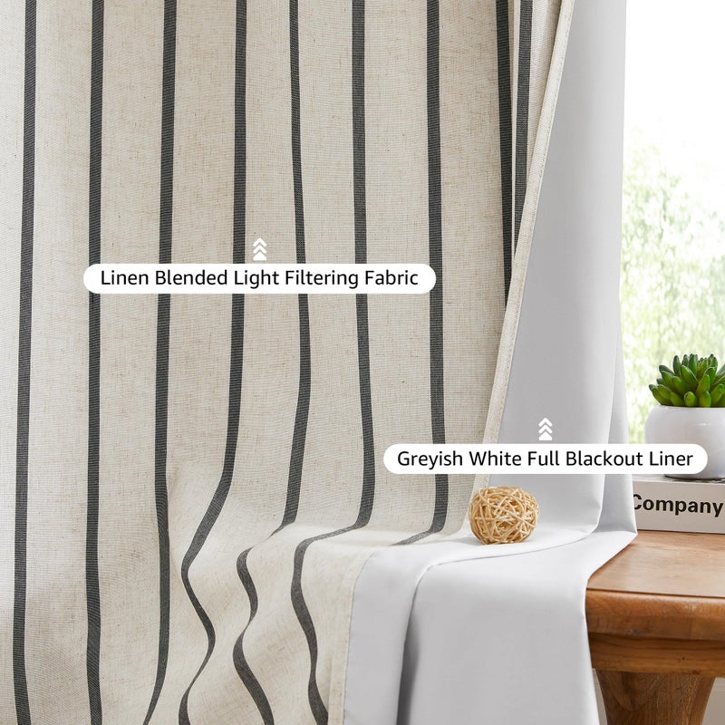 Bapawfish Black Striped Full Blackout Bedroom Curtains 84 Inches Length,Woven Stripes on Beige Linen Blended Drapes with Liner,Energy Efficient Modern Window Treatment,Grommet,Black/Beige,40"Wx84"Lx2 - Image 2