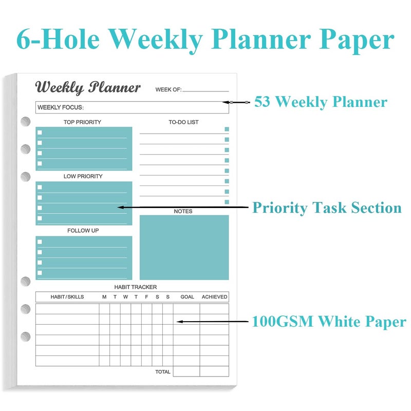 Yaridar 6-Hole Weekly Planner Refills for A5 Binders - 53 Sheets/106 Pages Undated Weekly Planner, 100 gsm White Paper, Lasts 1 Year, Undated, 5.8" x 8.3", Teal - Image 5