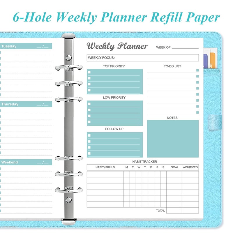 Yaridar 6-Hole Weekly Planner Refills for A5 Binders - 53 Sheets/106 Pages Undated Weekly Planner, 100 gsm White Paper, Lasts 1 Year, Undated, 5.8" x 8.3", Teal - Image 3