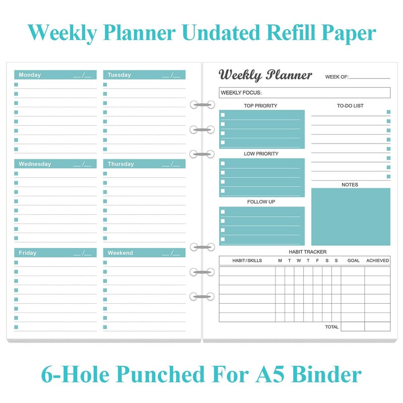 Yaridar 6-Hole Weekly Planner Refills for A5 Binders - 53 Sheets/106 Pages Undated Weekly Planner, 100 gsm White Paper, Lasts 1 Year, Undated, 5.8" x 8.3", Teal - Image 2
