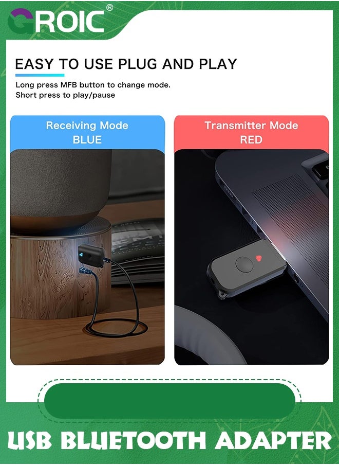 GROIC جهاز استقبال إرسال بلوتوث 2 في 1 V5.3، محول بلوتوث USB، جهاز إرسال صوت لاسلكي للتلفزيون إلى سماعات رأس بلوتوث، زمن استجابة منخفض، طاقة عن طريق USB للتلفزيون/الكمبيوتر الشخصي المنزلي/نظام صوت السيارة  - Image 4
