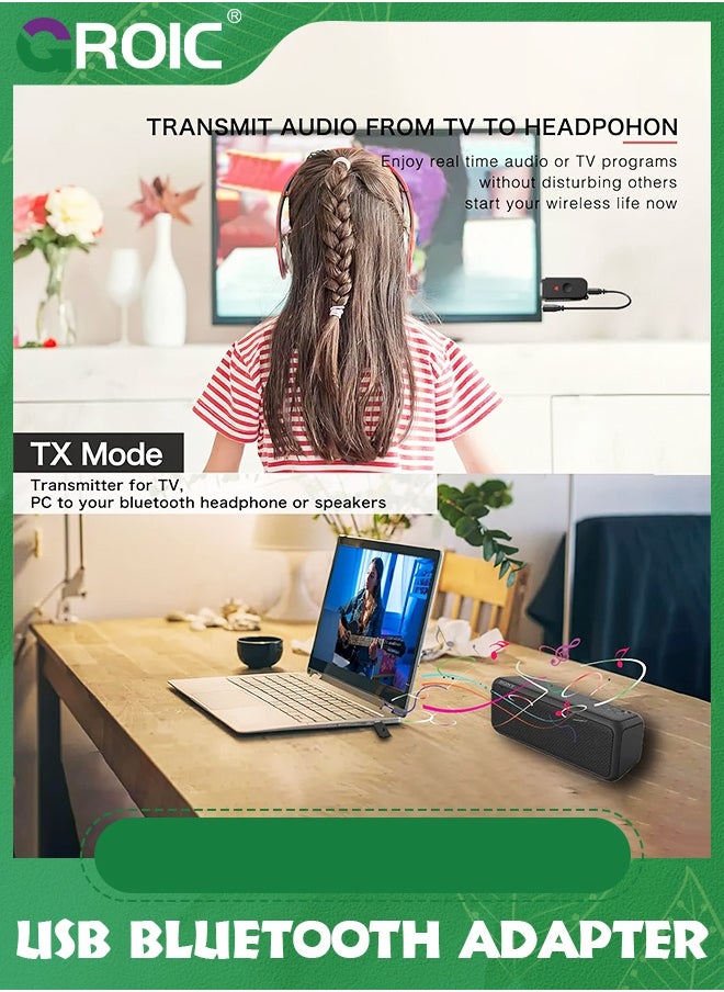GROIC جهاز استقبال إرسال بلوتوث 2 في 1 V5.3، محول بلوتوث USB، جهاز إرسال صوت لاسلكي للتلفزيون إلى سماعات رأس بلوتوث، زمن استجابة منخفض، طاقة عن طريق USB للتلفزيون/الكمبيوتر الشخصي المنزلي/نظام صوت السيارة  - Image 1