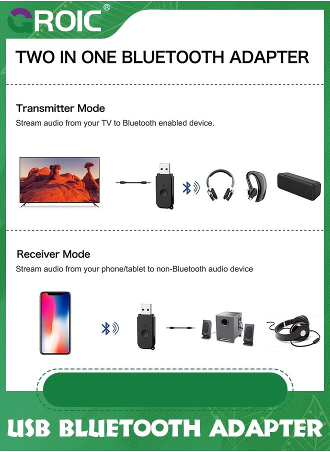 GROIC جهاز استقبال إرسال بلوتوث 2 في 1 V5.3، محول بلوتوث USB، جهاز إرسال صوت لاسلكي للتلفزيون إلى سماعات رأس بلوتوث، زمن استجابة منخفض، طاقة عن طريق USB للتلفزيون/الكمبيوتر الشخصي المنزلي/نظام صوت السيارة  - Image 2