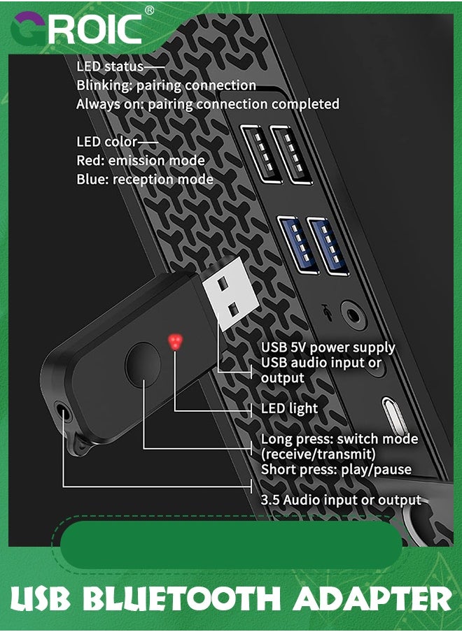 GROIC - جهاز استقبال إرسال بلوتوث 2 في 1 V5.3، محول بلوتوث USB، جهاز إرسال صوت لاسلكي للتلفزيون إلى سماعات رأس بلوتوث، زمن استجابة منخفض، طاقة عن طريق USB للتلفزيون/الكمبيوتر الشخصي المنزلي/نظام صوت السيارة - Image 1