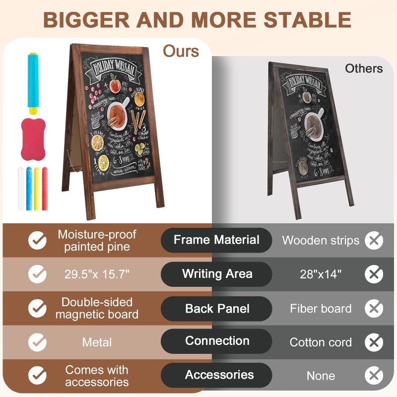 JEFURE A Frame Chalkboard Sign, 40" x 20" Extra Large Sidewalk Sign, Double-Sided Chalk Board, Blackboard Menu Board for Restaurants, Flower Shop, CafÃ©s, Weddings, Brown - Image 5