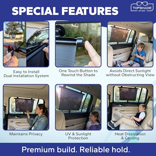 TopShade Car Window Roller Shade - Retractable Auto Side Window Sun Shade for Cars, Trucks, SUVs - UV Protection & Heat Blocker - Baby & Pet Safe - Easy Install (2 Pack, Medium, Black) - Image 3