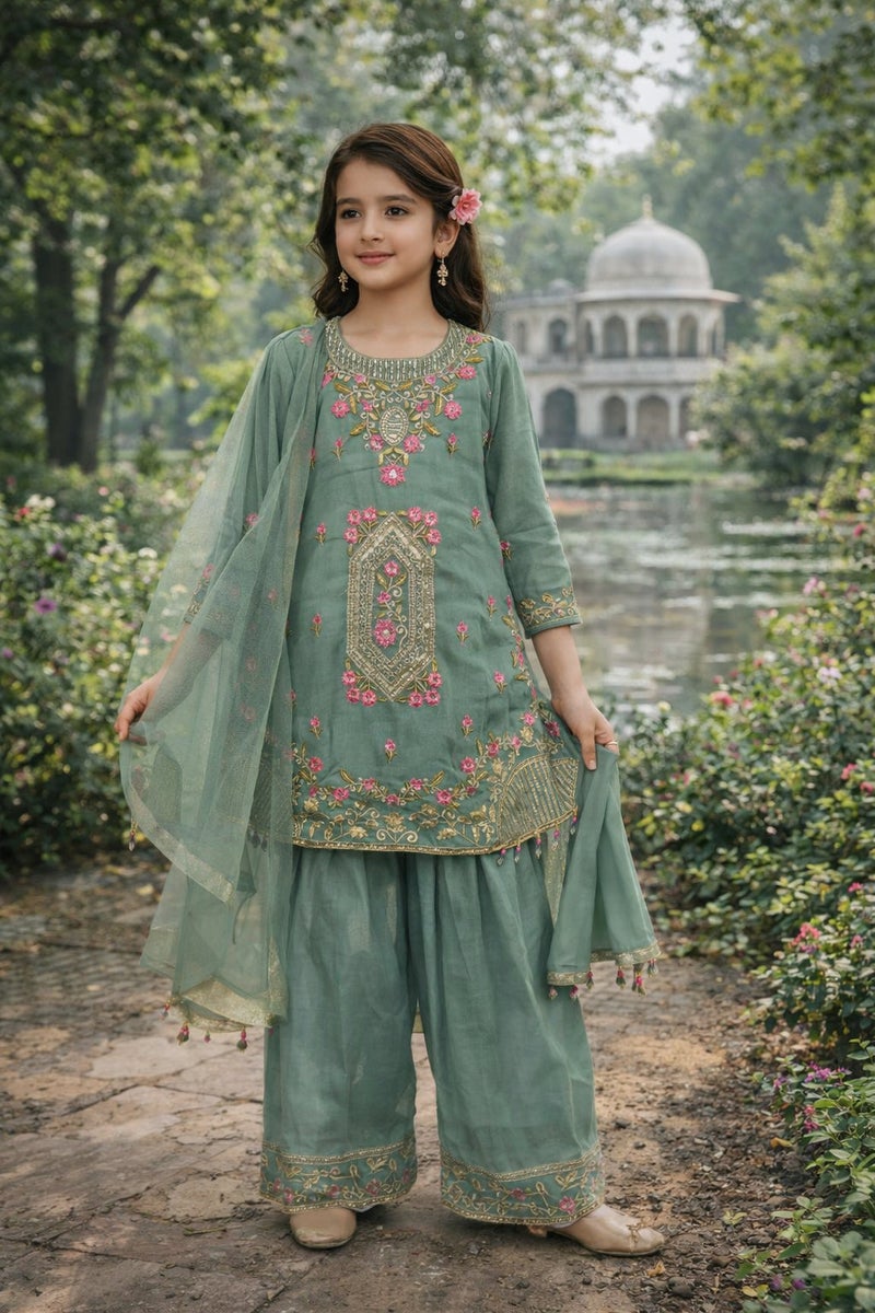 Olive Blossom Eid Set - Sage Floral Embroidered Suit