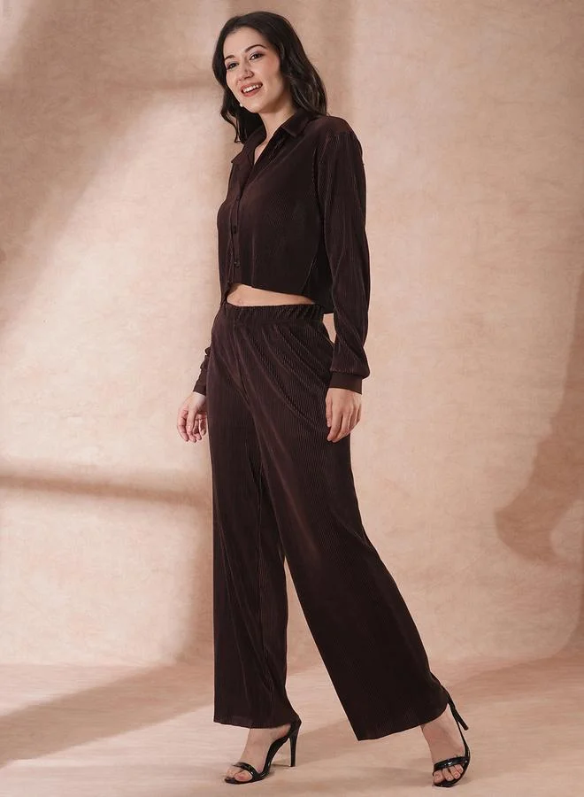 globus Globus Textured Striped Buttoned Crop Shirt with Elasticated Waist Trousers Co-Ords