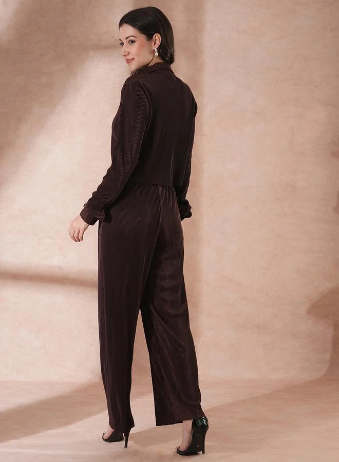 globus Globus Textured Striped Buttoned Crop Shirt with Elasticated Waist Trousers Co-Ords