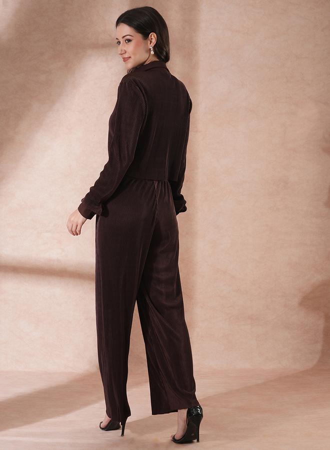 Globus Textured Striped Buttoned Crop Shirt with Elasticated Waist Trousers Co-Ords - Image 3