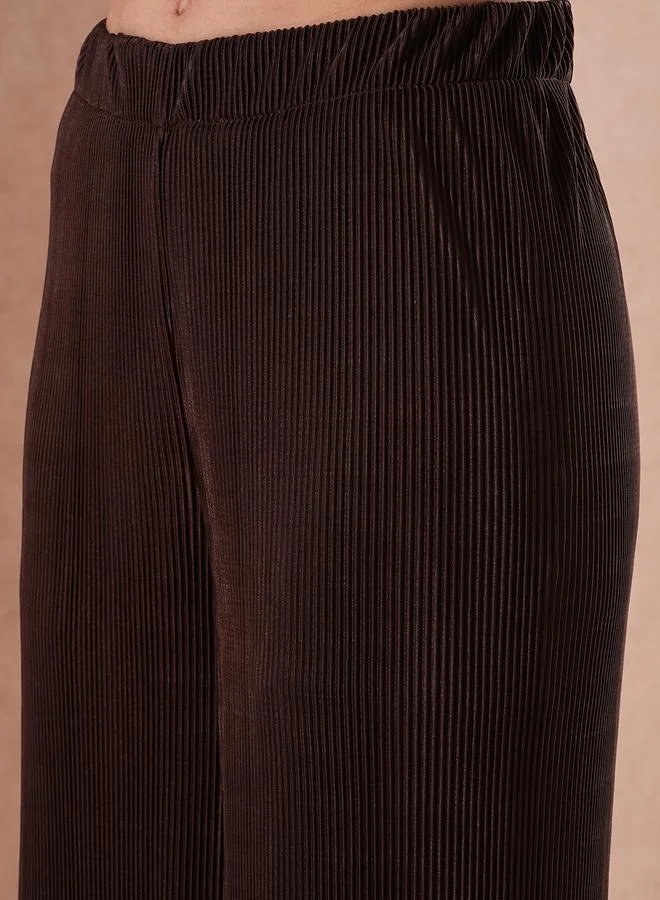 globus Globus Textured Striped Buttoned Crop Shirt with Elasticated Waist Trousers Co-Ords