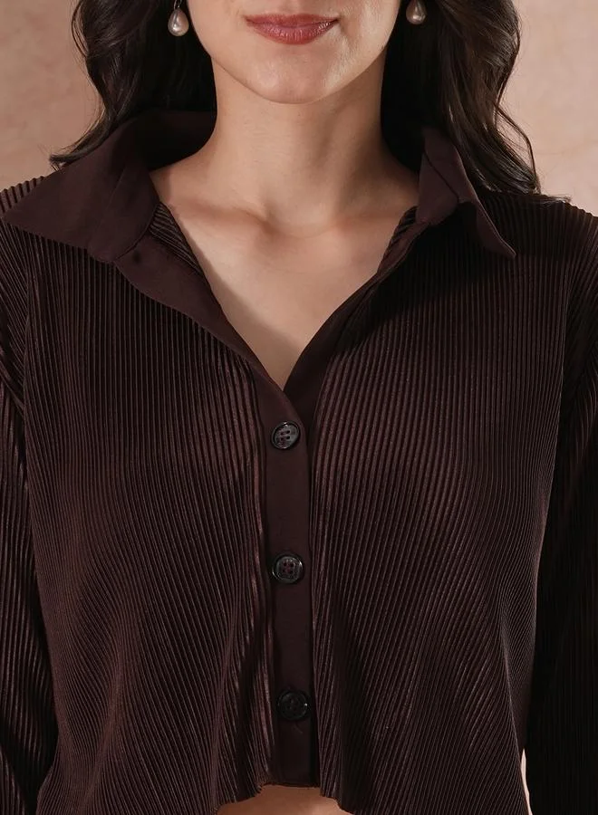 globus Globus Textured Striped Buttoned Crop Shirt with Elasticated Waist Trousers Co-Ords