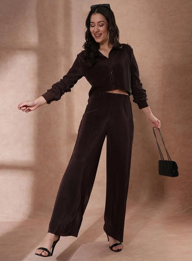 globus Globus Textured Striped Buttoned Crop Shirt with Elasticated Waist Trousers Co-Ords