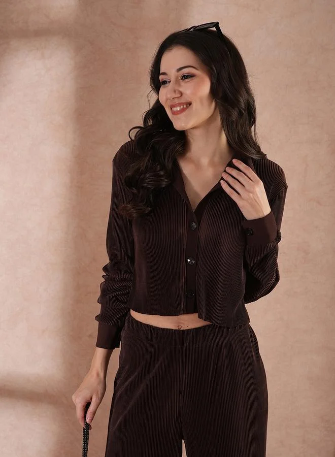 globus Globus Textured Striped Buttoned Crop Shirt with Elasticated Waist Trousers Co-Ords