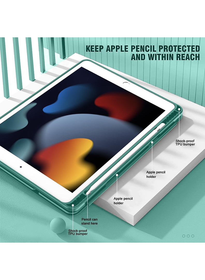 ثيودور حافظة هجينة رفيعة لجهاز iPad 9/8/7th Generation 10.2 بوصة مع حامل أقلام رصاص، غطاء واقٍ مضاد للصدمات بحامل ثلاثي الطي مع ظهر شفاف ناعم من مادة TPU لجهاز iPad 10.2، نوم/استيقاظ تلقائي باللون الأخضر الداكن - Image 5