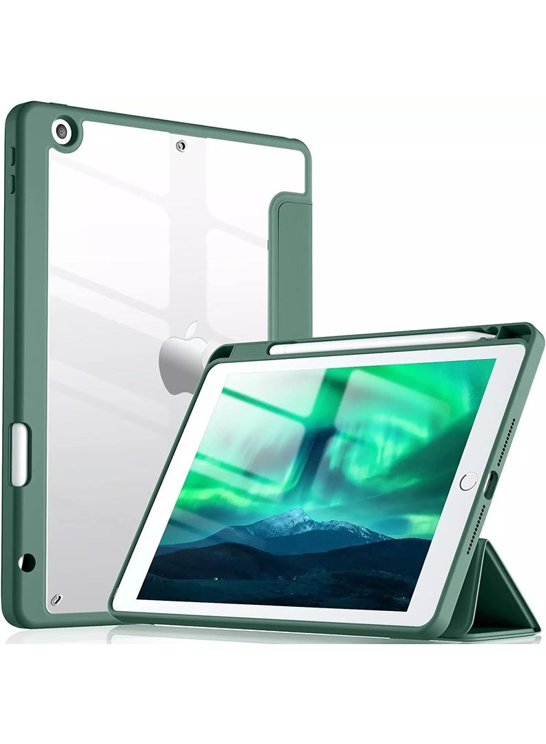 Theodor Hybrid Slim Case for iPad 10.2 Inch 9/8/7th Generation Case with Pencil Holder, Shockproof Trifold Stand Protective Cover with Soft TPU Clear Back for iPad Case 10.2, Auto Sleep/Wake Dark Green - Image 1