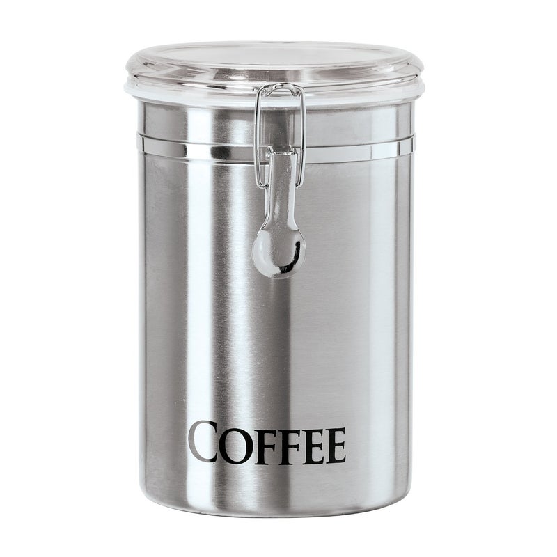 Oggi Stainless Steel Coffee Canister 62 fl oz - Airtight Clamp Lid  Clear See-Thru Top - Ideal for Coffee Bean Storage  Ground Coffee Storage  Kitchen Storage  Pantry Storage. Large Size 5"" x 7.5"". - Image 1
