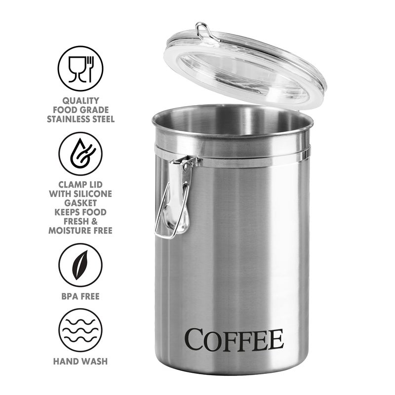 Oggi Stainless Steel Coffee Canister 62 fl oz - Airtight Clamp Lid  Clear See-Thru Top - Ideal for Coffee Bean Storage  Ground Coffee Storage  Kitchen Storage  Pantry Storage. Large Size 5"" x 7.5"". - Image 2