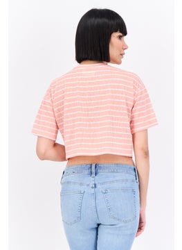Lefties Women Crew Neck Short Sleeve Stripe Blouse, Coral  - Image 3