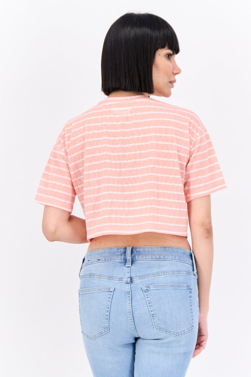 Lefties Women Crew Neck Short Sleeve Stripe Blouse, Coral - Image 3