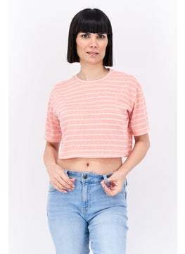 Lefties Women Crew Neck Short Sleeve Stripe Blouse, Coral  - Image 1