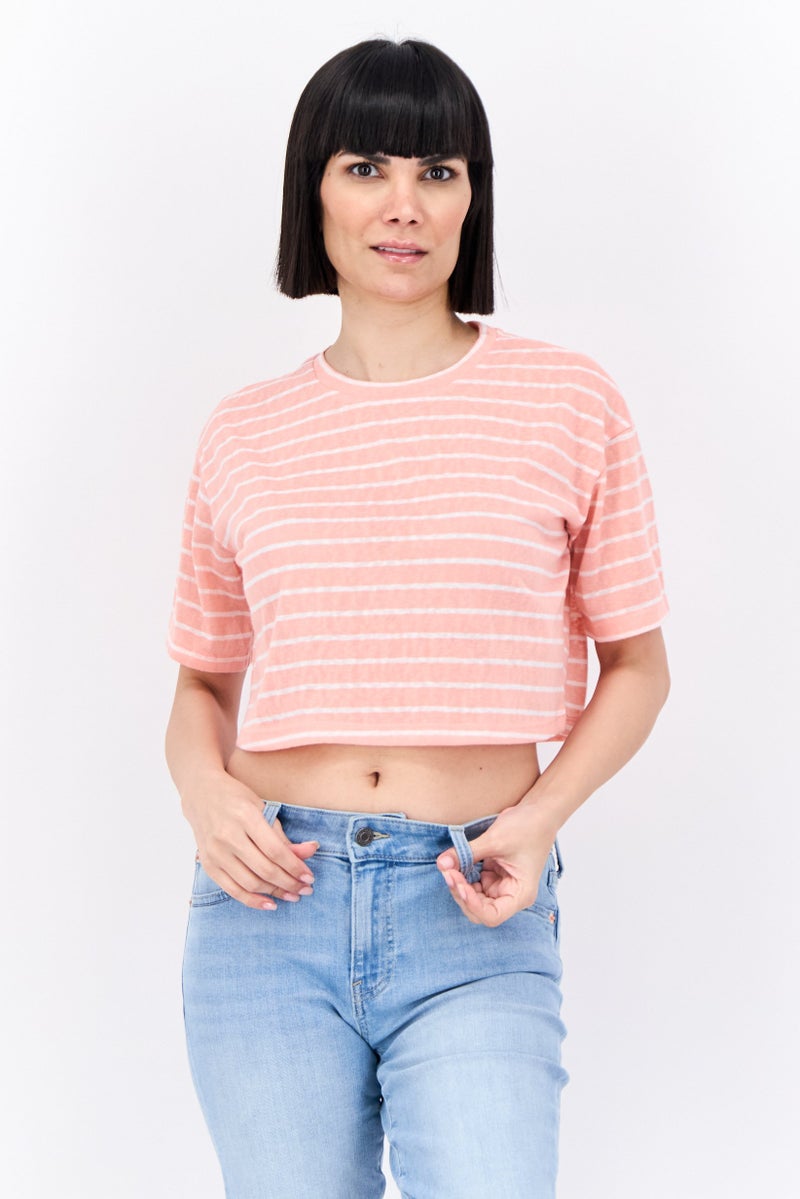 Lefties Women Crew Neck Short Sleeve Stripe Blouse, Coral - Image 1