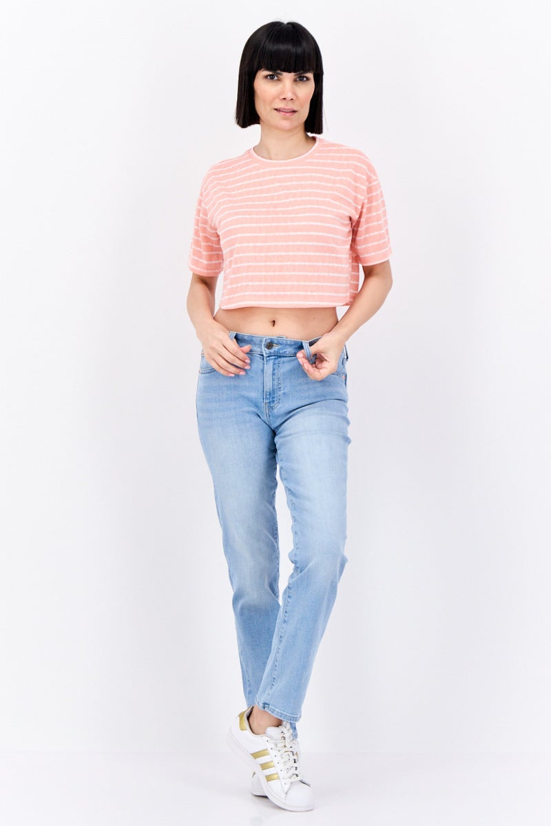 Lefties Women Crew Neck Short Sleeve Stripe Blouse, Coral - Image 4