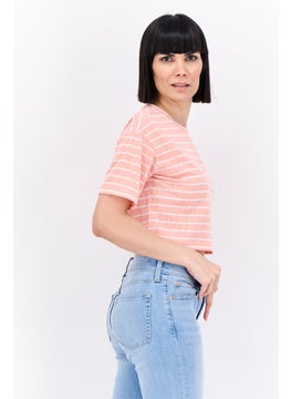 Lefties Women Crew Neck Short Sleeve Stripe Blouse, Coral  - Image 2