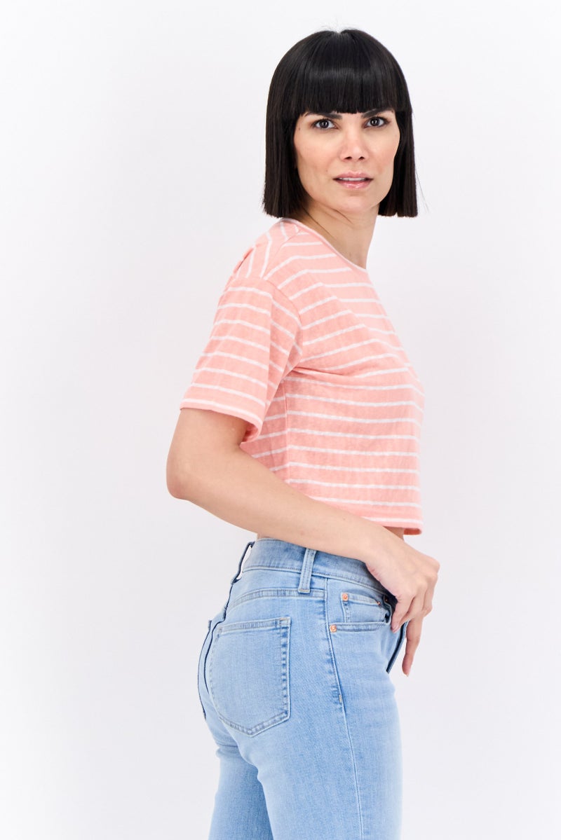 Lefties Women Crew Neck Short Sleeve Stripe Blouse, Coral - Image 2