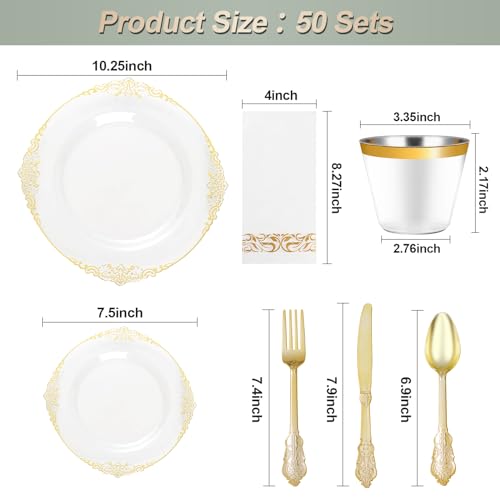 Bestluck 350PCS Clear Gold Plastic Plates for 50 Guests Disposable Dinnerware Set Includes 100 Clear Disposable Plates 150 Gold Silverware 50 Cups 50 Napkins for Party Wedding - Image 5