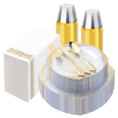 Bestluck 350PCS Clear Gold Plastic Plates for 50 Guests Disposable Dinnerware Set Includes 100 Clear Disposable Plates 150 Gold Silverware 50 Cups 50 Napkins for Party Wedding - Image 2