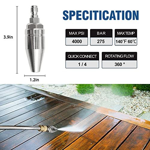 JANZ Pressure Washer Rotating Turbo Nozzle with 7 Spray Nozzle Tips Kit Multiple Spray Degrees 1/4 Inch Quick Connection,4000PSI - Image 2