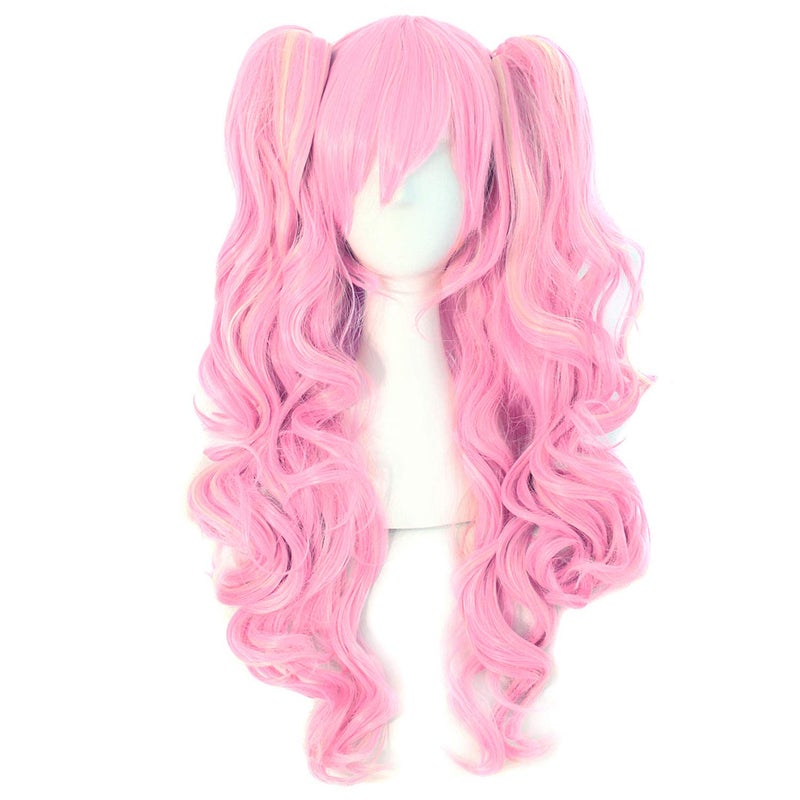 MapofBeauty Multicolor Lolita Long Curly Clip on synthetic Ponytails Cosplay Wig PinkBlonde - Image 2